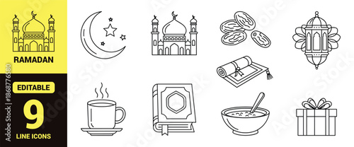 Black line icon set for Ramadan and Islamic culture featuring mosque, crescent moon, prayer, food, charity, and celebration