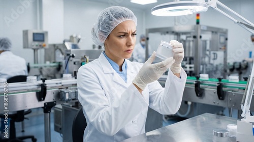 Worker inspecting cosmetic packaging in laboratory with equipment  