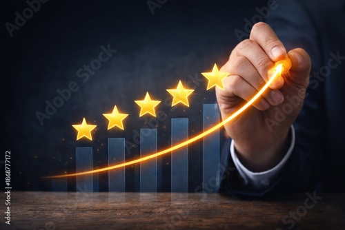 Conceptual business image showing a hand drawing an upward trending curve above a bar chart, accompanied by glowing golden five-star ratings. The composition represents performance improvement, custom