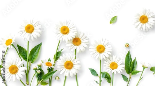 White Daisy Flower Border on Clean White Background | Chamomile Bottom Floral Edge