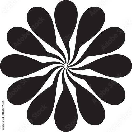 A symmetrical black and white floral design with teardrop shaped petals radiating from the center point