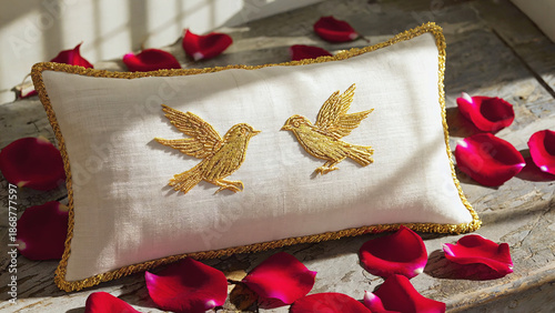 Decorative pillow with embroidered birds on rose petals background  