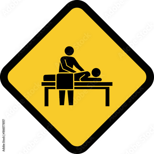 Massage Therapy Warning Sign Icon Black Silhouette on Yellow Diamond Alert Symbol