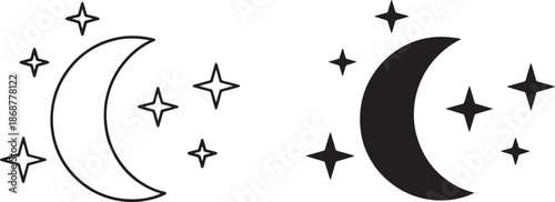 Moon and stars silhouette and outline on transparent background