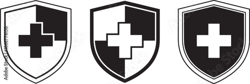 Shield with cross icon set vector graphic protection symbol