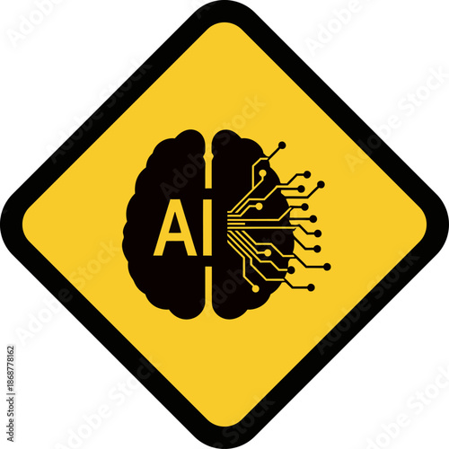 AI Brain Icon on Yellow Caution Sign Artificial Intelligence Warning Concept