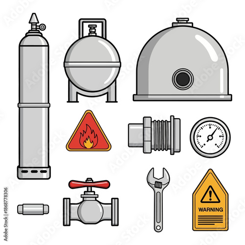 Collection of safety warning signs and symbols including fire, danger, explosion, health, no smoking, and alarm bell