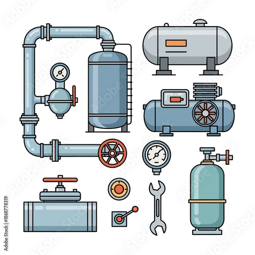 A comprehensive collection of industrial equipment, pipeline systems, and maintenance tools for engineering and manufacturing concepts, showcasing various machinery components and regulation devices