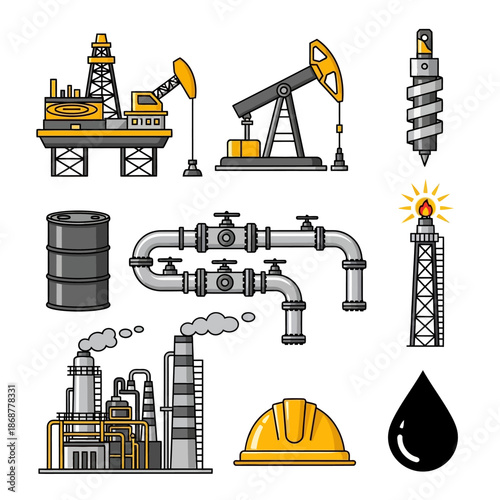 Oil and Gas Industry Equipment Icons Drilling, Refining, and Storage Symbols
