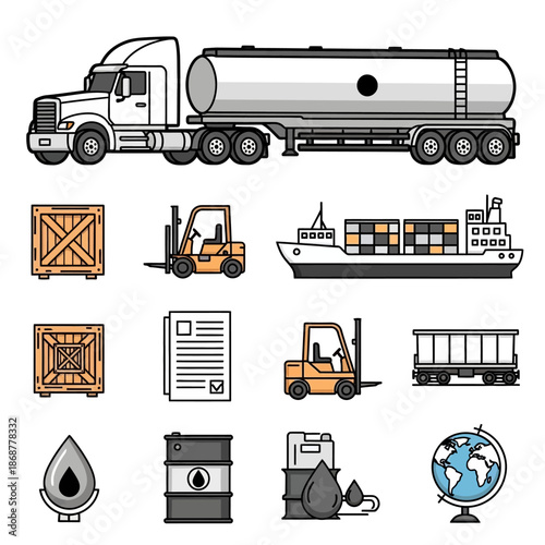 Set of icons representing logistics, transport, shipping, and industry trucks, containers, cargo, and oil