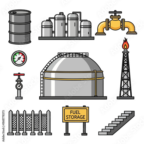 Gas station and car fueling icons. Features fuel pumps, nozzles, price signs, warnings, gauges, jerry cans, and a helpful attendant