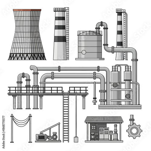 Industrial factory complex with cooling tower, storage tanks, and piping system, showcasing heavy industry infrastructure