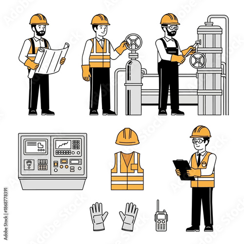 Skilled workers in safety gear operating industrial machinery and reviewing blueprints