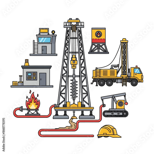 Illustrative representation of the oil and gas industry, featuring drilling rigs, extraction equipment, pipelines, and facilities for energy production and processing