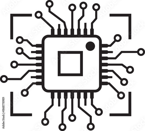 Digital microchip cpu processor with circuit board lines icon design