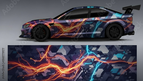 Sports car with a dynamic lightning-themed vinyl wrap design, showcasing vibrant orange and blue electric patterns over a dark geometric background.