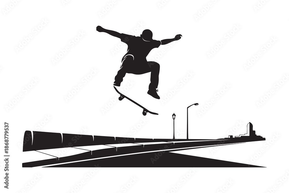Naklejka premium Silhouette of a skateboarder performing a trick in an urban environment