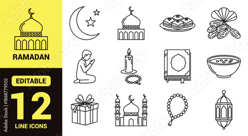 Black line icon set for Ramadan and Islamic culture featuring mosque, crescent moon, prayer, food, charity, and celebration