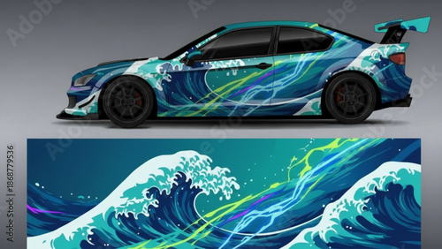 A sporty car with a dynamic ocean wave and lightning bolt vehicle wrap design, showcasing a vibrant custom graphic.