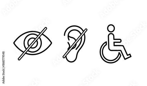 Black line icons of a crossed out eye, ear, and person in a wheelchair