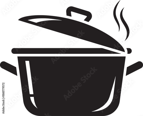 Cooking pot with steam and open lid icon for kitchen recipe concept