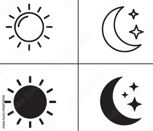 Day and night weather icons showing sun moon and star cycles status