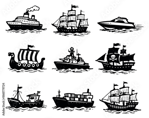 Hand drawn boats and ships set featuring sailing vessels, modern powerboats, and historical ships for maritime themes