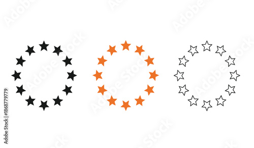 Three circular starburst shapes in black, orange, and gray