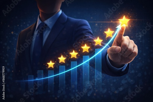 Conceptual business illustration of a businessman pointing at a digital upward graph with glowing star icons above a bar chart. The visual symbolizes customer satisfaction, ranking improvement, perfor