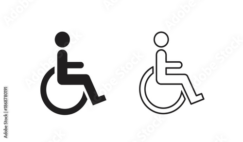 Black and white line icons of disabled person in wheelchair for accessibility signs