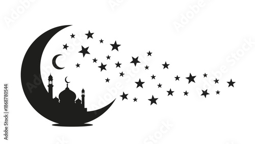 Crescent Moon with Stars and Mosque Silhouette.
