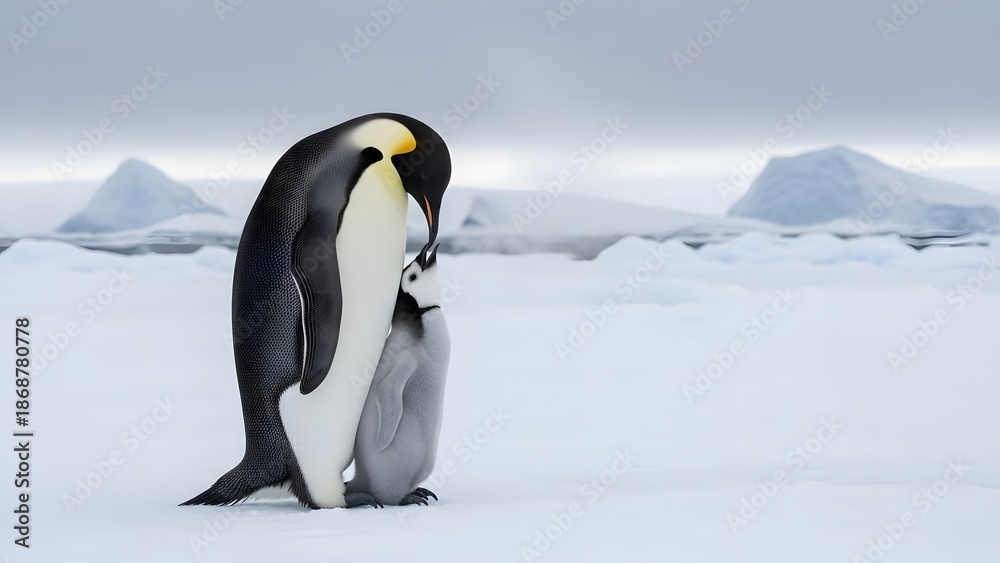 Fototapeta premium Emperor penguin and chick: An emperor penguin stands protectively over its chick, a heartwarming display of parental care against a backdrop of the frozen Antarctic landscape. 
