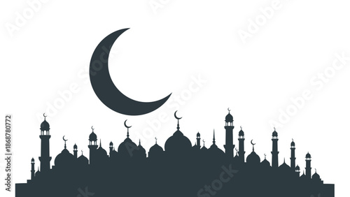 Islamic City Skyline Silhouette with Crescent Moon.