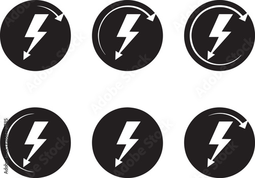Lightning bolt energy icon set with circular arrows for power supply