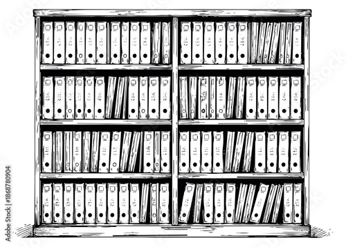 Line art illustration of a full bookcase depicting many binders and files for document storage