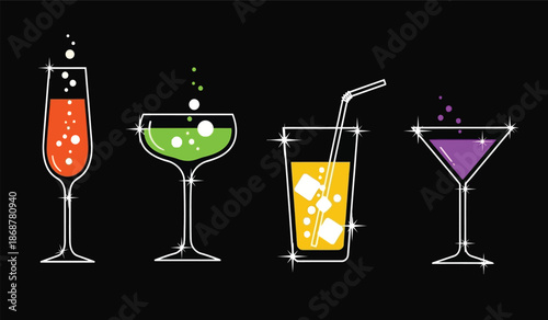 A set of colorful cocktail glasses and drinks