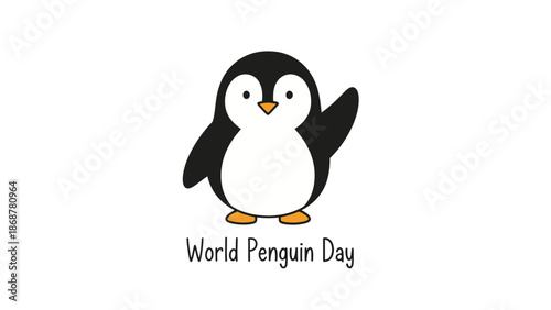 Adorable Cartoon Penguin Waving for World Penguin Day Celebration, Isolated White Background
