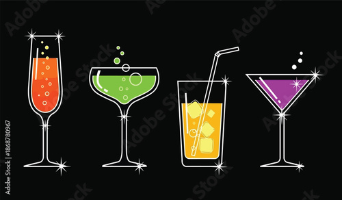 Colorful cocktail glasses with various drinks