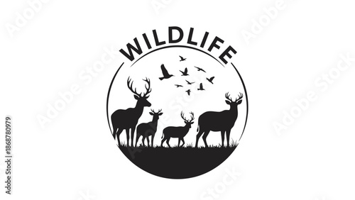 Wildlife Logo with Three Deer Silhouettes and Flying Birds in Black Circle, Isolated White Background