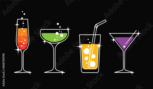 A set of colorful cocktail glasses with various drinks and straws