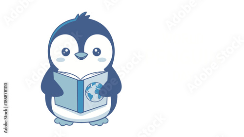 Cute cartoon penguin sitting and reading a book about the world, isolated white background.