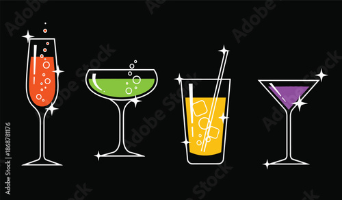 Bild auf Leinwand Colorful cocktail and drink icons with sparkles