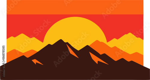 Minimalist retro-style illustration of layered mountains at sunset. Warm orange, red, and yellow tones create a bold vintage landscape perfect for t-shirts, posters, wall art, and modern apparel desig