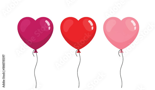 Three heart shaped balloons in pink, red, and purple