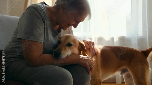 An elderly woman, radiating warmth, shares an intimate moment with her loving canine companion. Bathed in soft, natural light, their connection speaks volumes, capturing a bond that transcends words.