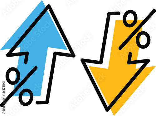 percentage arrows up down financial growth decline market trend comparison statistics business icons isolated on white background.