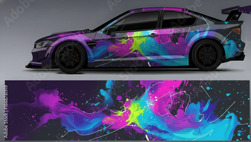 Custom car wrap design featuring vibrant abstract paint splatters in purple, pink, blue, and green.