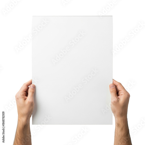 Highly detailed caucasian male hands presenting a blank white a3 matte poster board in a shadowless, bright white studio, overhead flat lay view. Concept for commercial presentation and copy space
