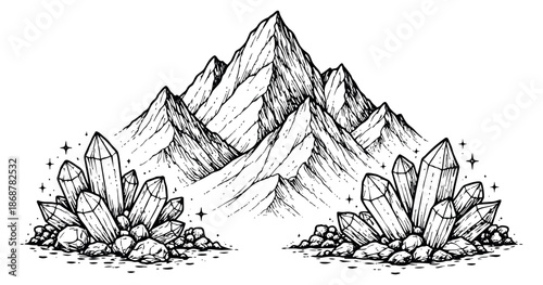 Hand drawn line art fantasy nature set featuring majestic mountains and sparkling crystals for mystical designs