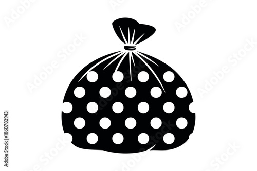 A black polka dot trash bag on a white background